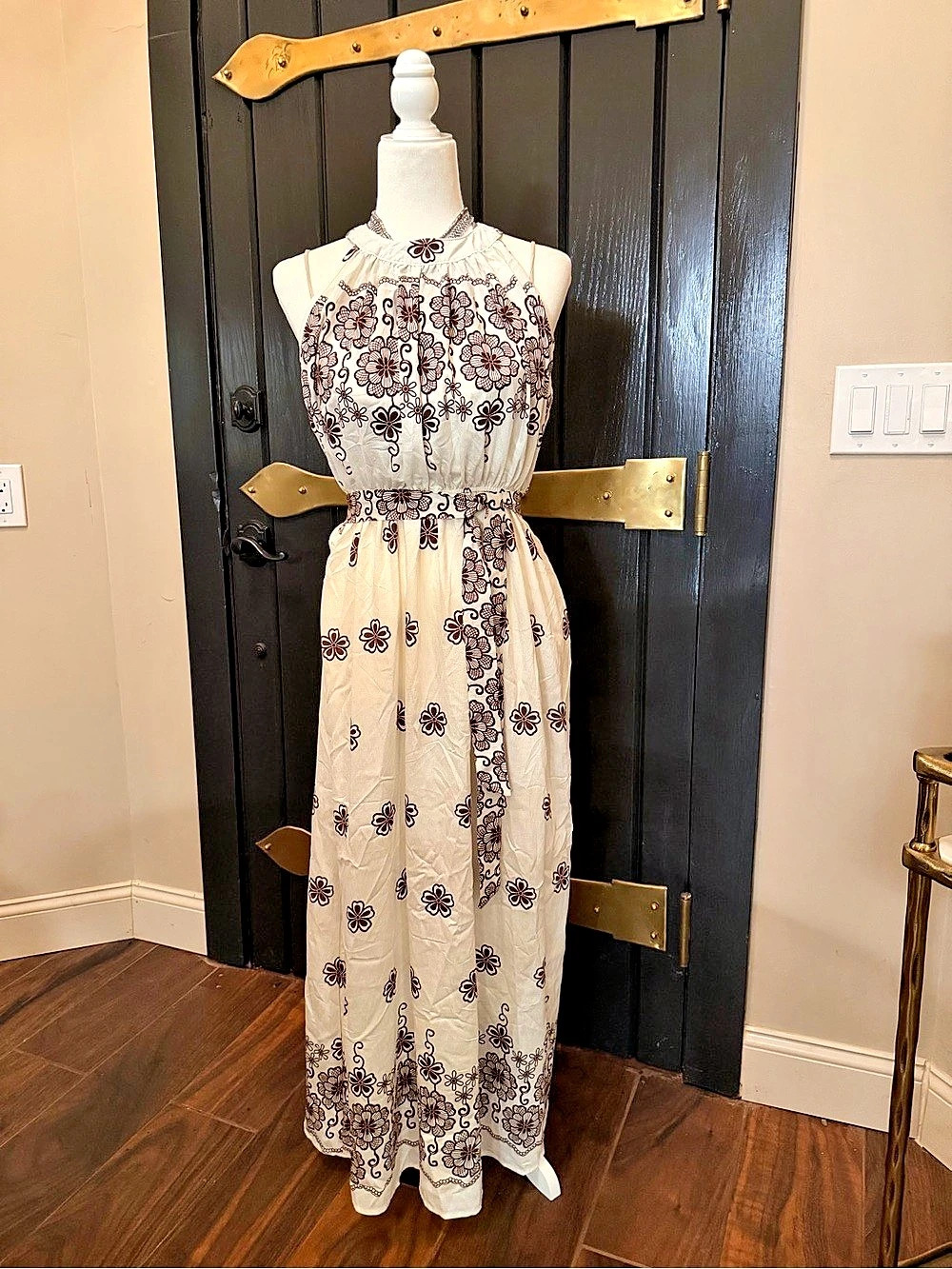 NWT AZ Floral Maxi Dress High Neck Belted White & Brown Boho Western Sz L/XL